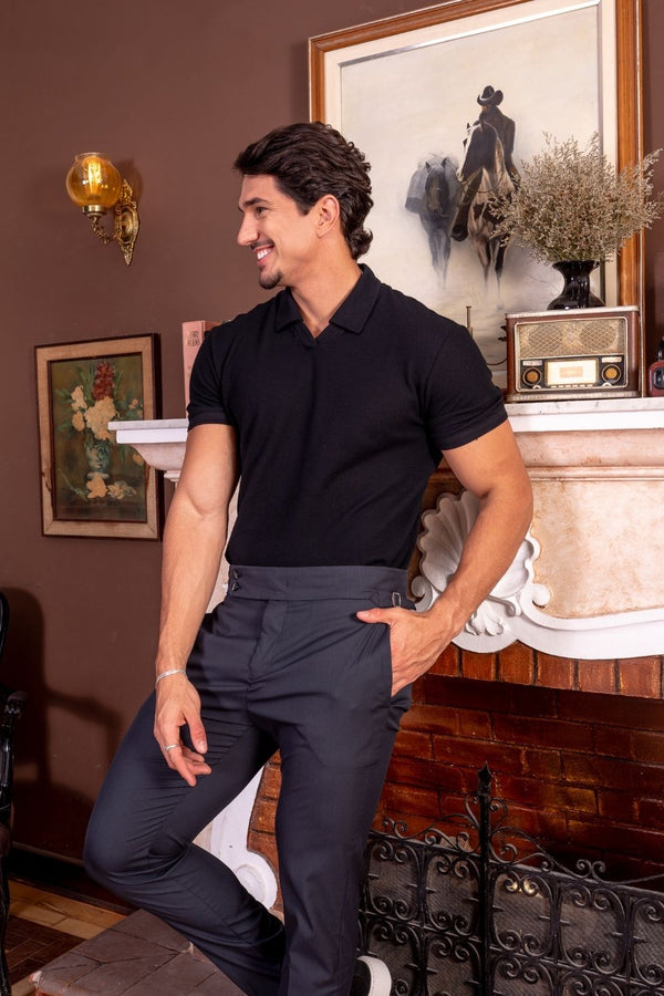 Camisa Polo Rich Tricô Texturizada Sem Botão - Linha Rich - Preto