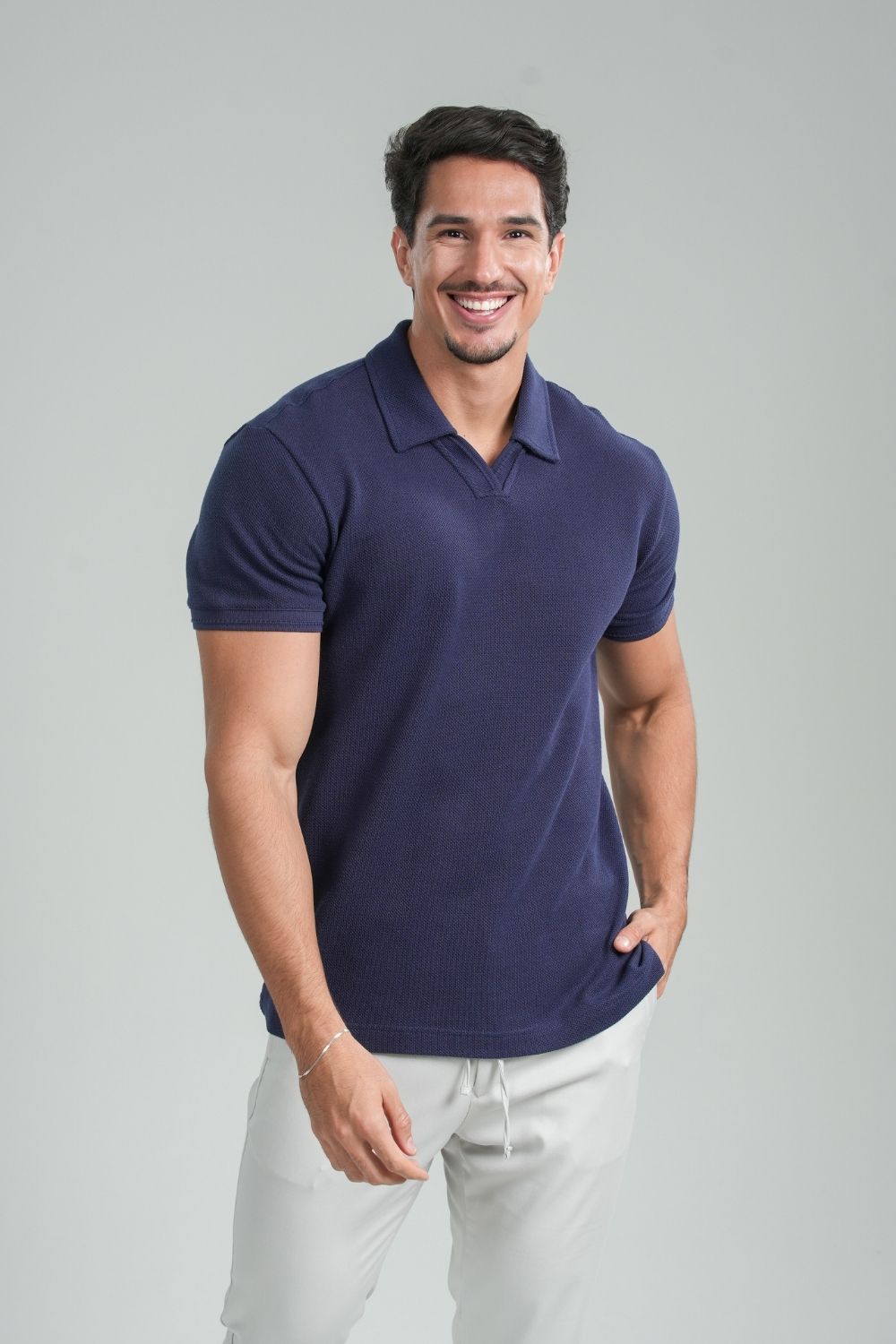 Camisa Polo Rich Tricô Texturizada Sem Botão - Linha Rich - Azul Escuro