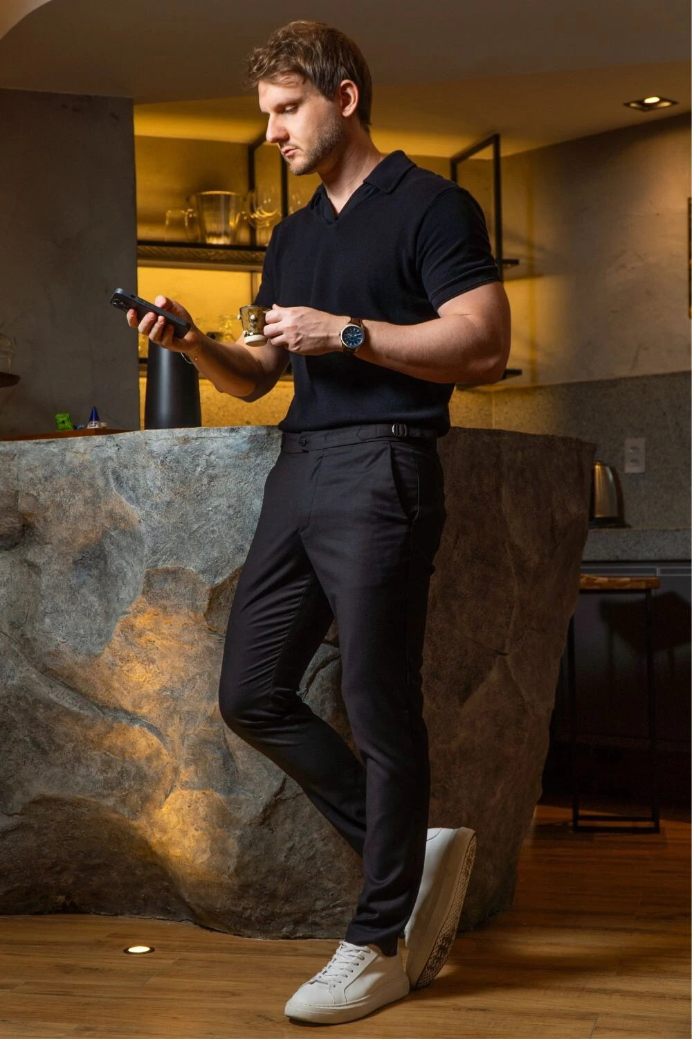 Camisa Polo Rich Tricô Texturizada Sem Botão - Linha Rich - Preto