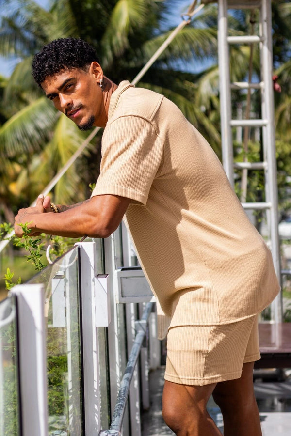 Camisa Paradizo Tricô Texturizada Gola Cubana - Linha Urban - Areia