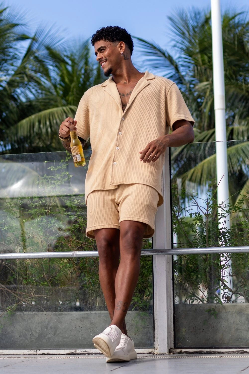 Camisa Paradizo Tricô Texturizada Gola Cubana - Linha Urban - Areia