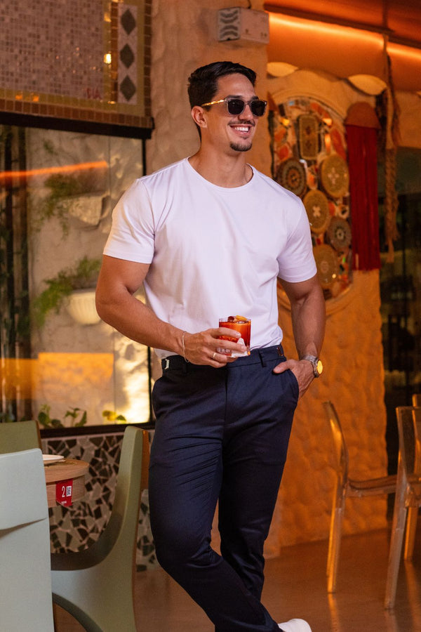 Calça Roman Alfaiataria Com Ajuste Cintura Azul Escuro - Linha Rich