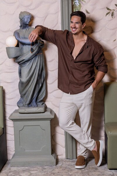 Conjunto Camisa Resort Linho Marrom + Calça Resort Linho Natural
