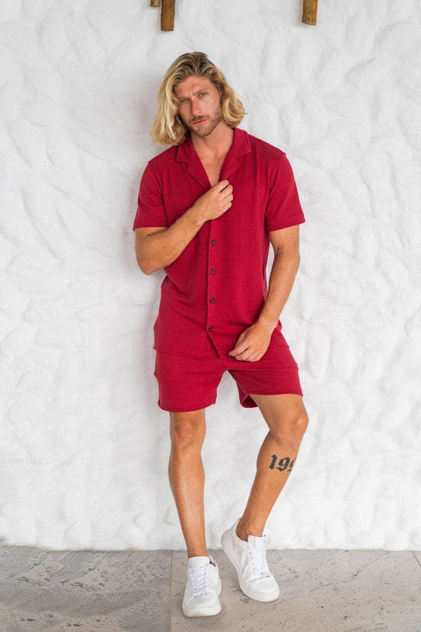 Conjunto Camisa Tricô Urban Marsala + Calça Linho Azul Resort