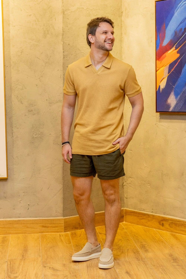Camisa Polo Rich Tricô Texturizada Sem Botão - Linha Rich - Bege