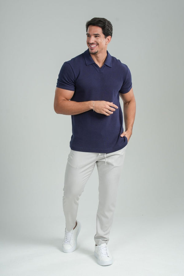 Camisa Polo Rich Tricô Texturizada Sem Botão - Linha Rich - Azul Escuro