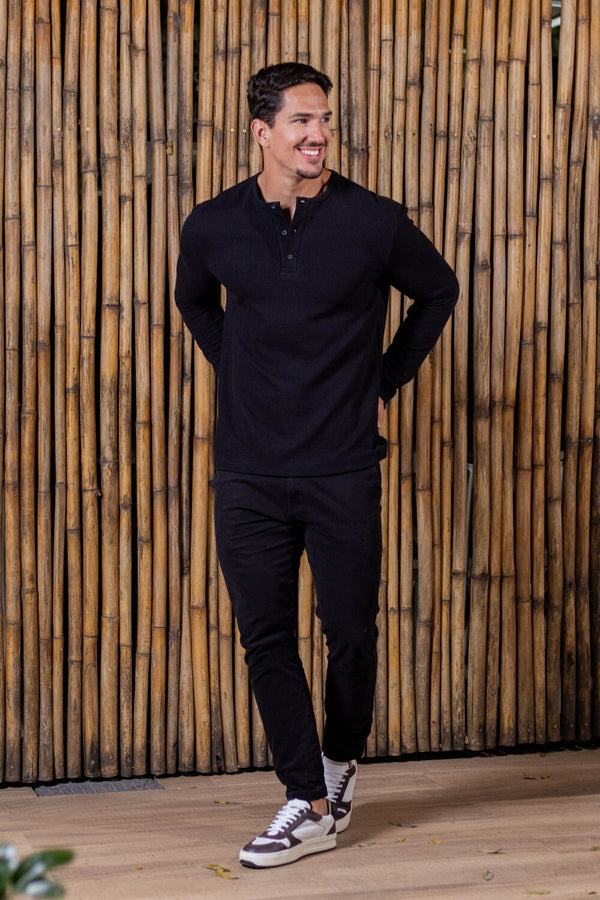 Camisa Henley Manga Comprida Preta - Linha Urban