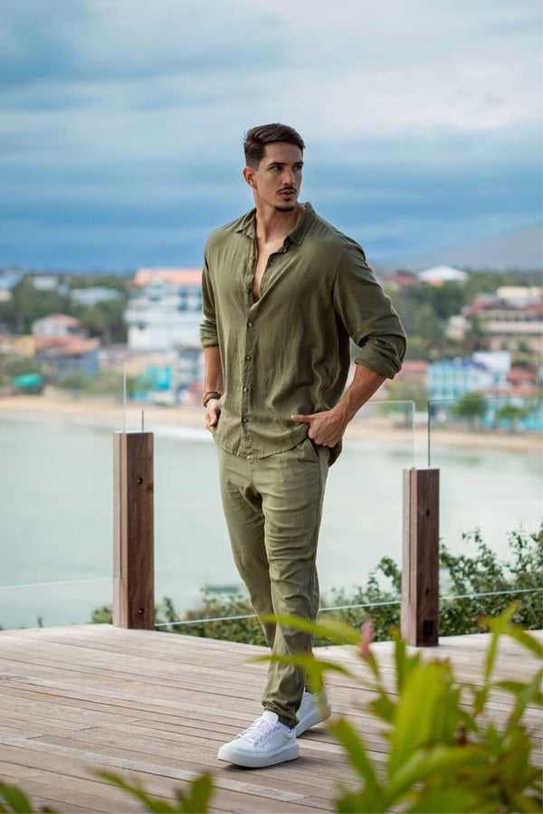 Camisa Resort de Linho Manga Comprida - Linha Resort - Verde Militar