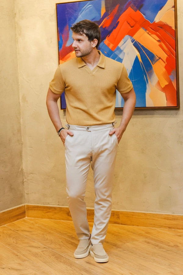 Camisa Polo Rich Tricô Texturizada Sem Botão - Linha Rich - Bege