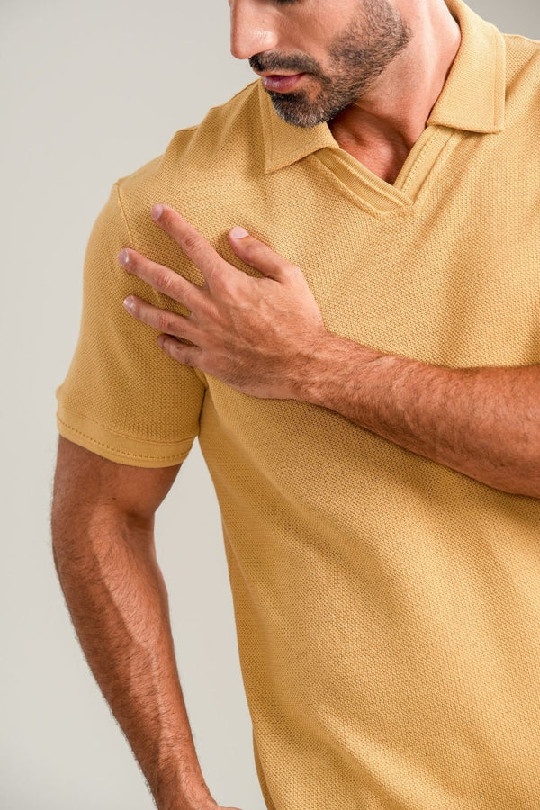 Camisa Polo Rich Tricô Texturizada Sem Botão - Linha Rich - Bege