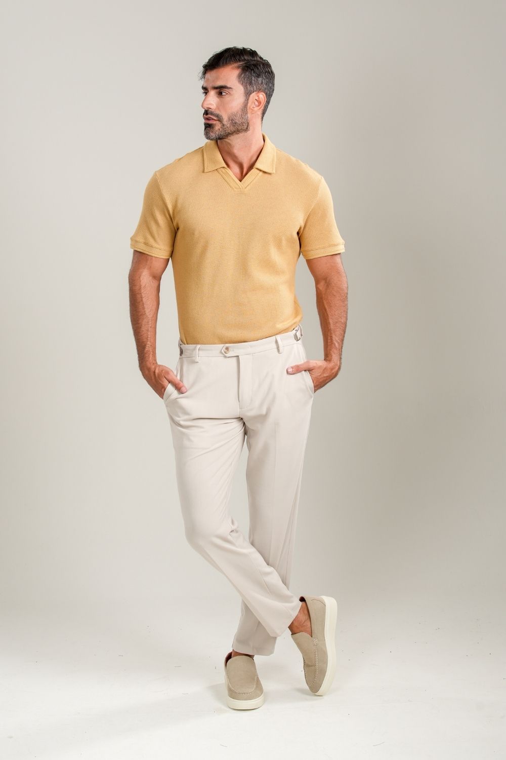 Camisa Polo Rich Tricô Texturizada Sem Botão - Linha Rich - Bege