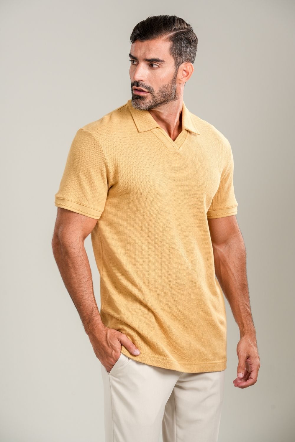 Camisa Polo Rich Tricô Texturizada Sem Botão - Linha Rich - Bege