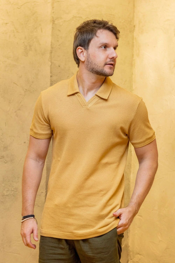 Camisa Polo Rich Tricô Texturizada Sem Botão - Linha Rich - Bege