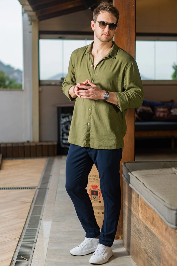 Camisa Resort de Linho Manga Comprida - Linha Resort - Verde Militar