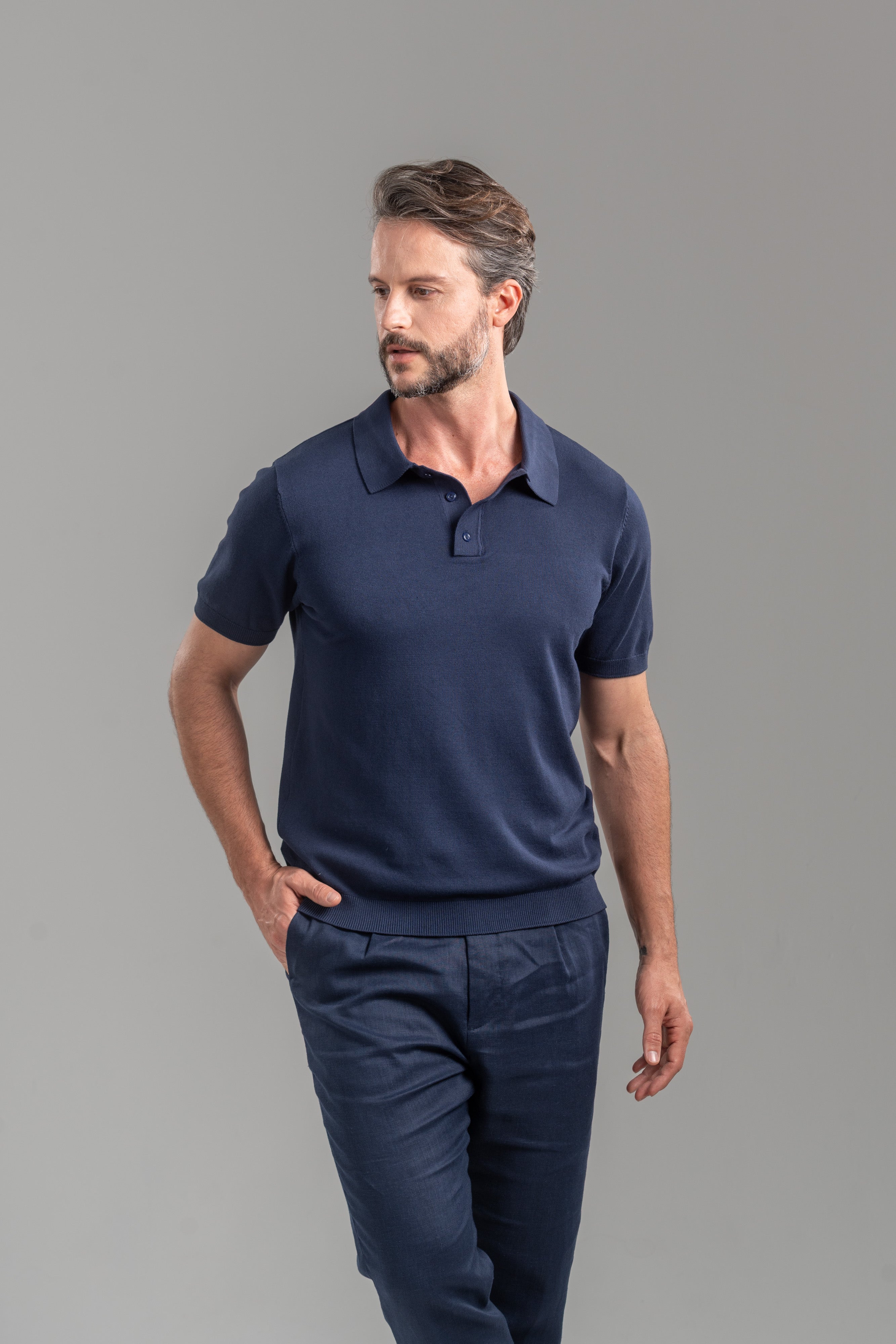 Polo Classic Tricô Manga Curta Azul - Linha Essential