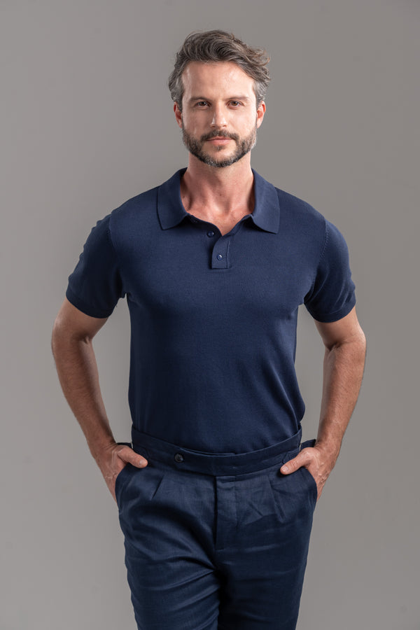 Polo Classic Tricô Manga Curta Azul - Linha Essential