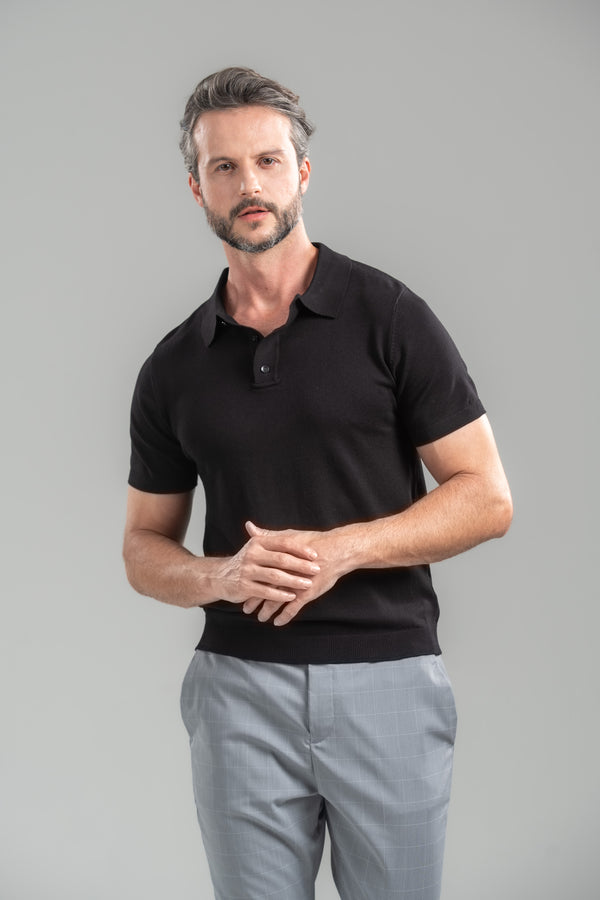 Polo Classic Tricô Manga Curta Preta - Linha Essential